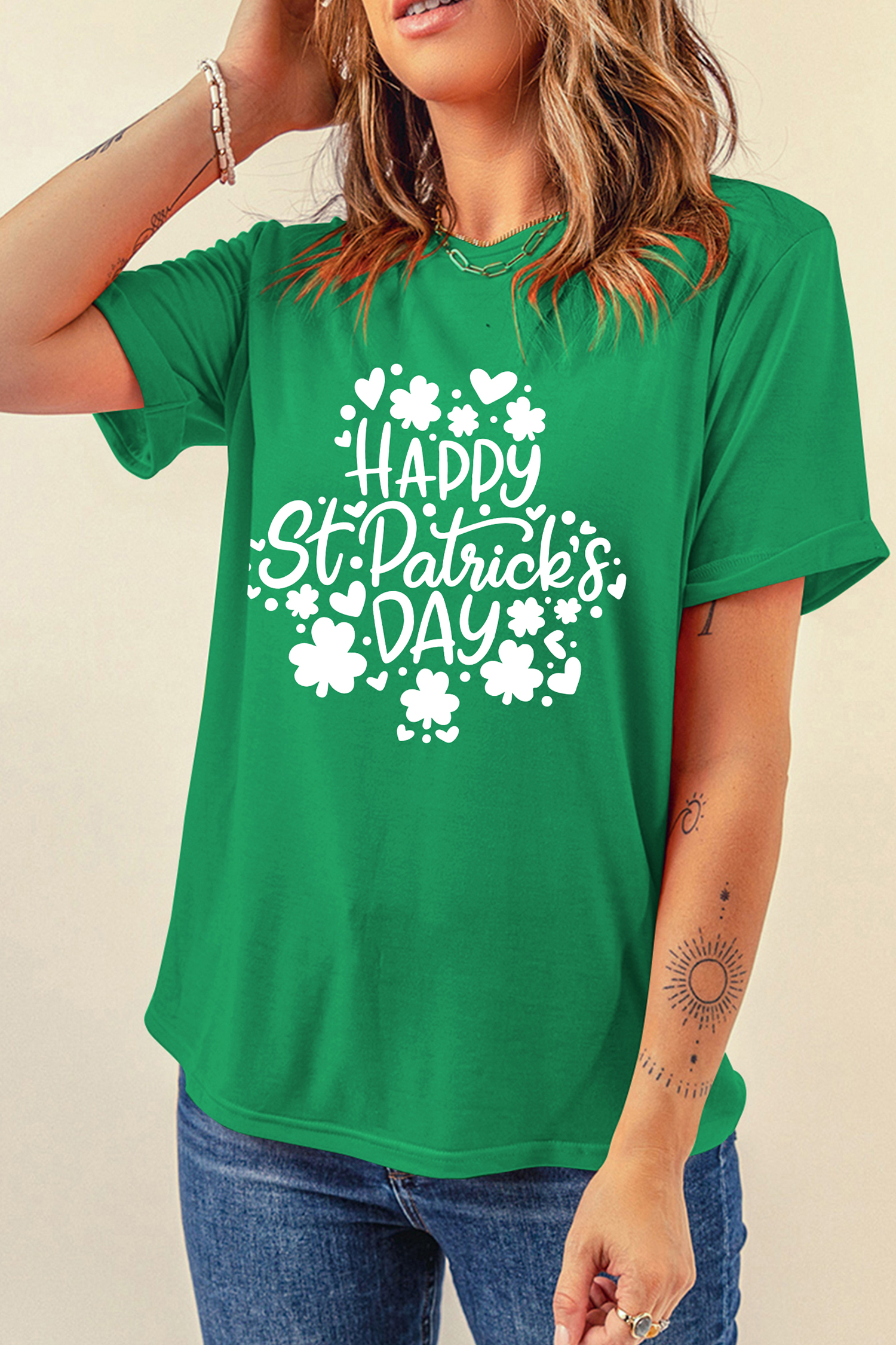 Bright Green Happy St Patricks Day Clover Printed Casual T Shirt - loveforevers