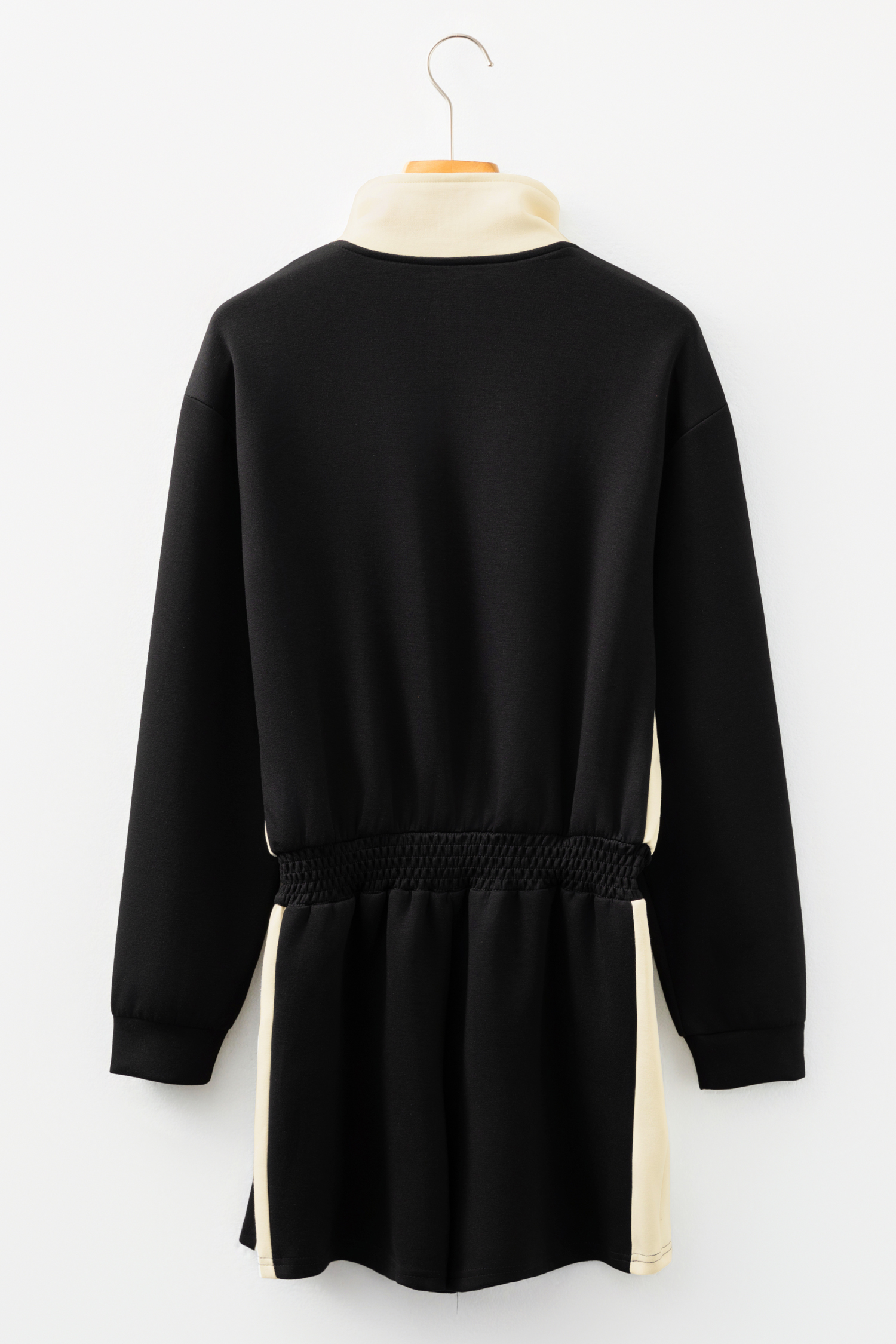Black Two-tone Long Sleeve Zipped Front Casual Romper - loveforevers