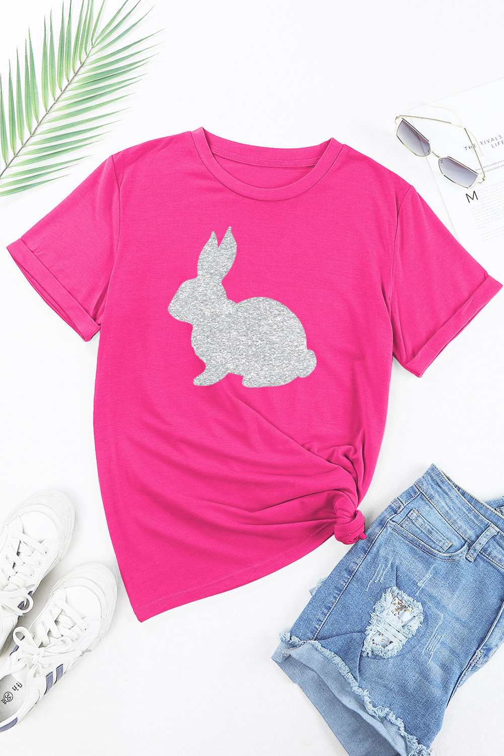 Rose Red Glitter Easter Bunny Graphic Crew Neck Tee - loveforevers