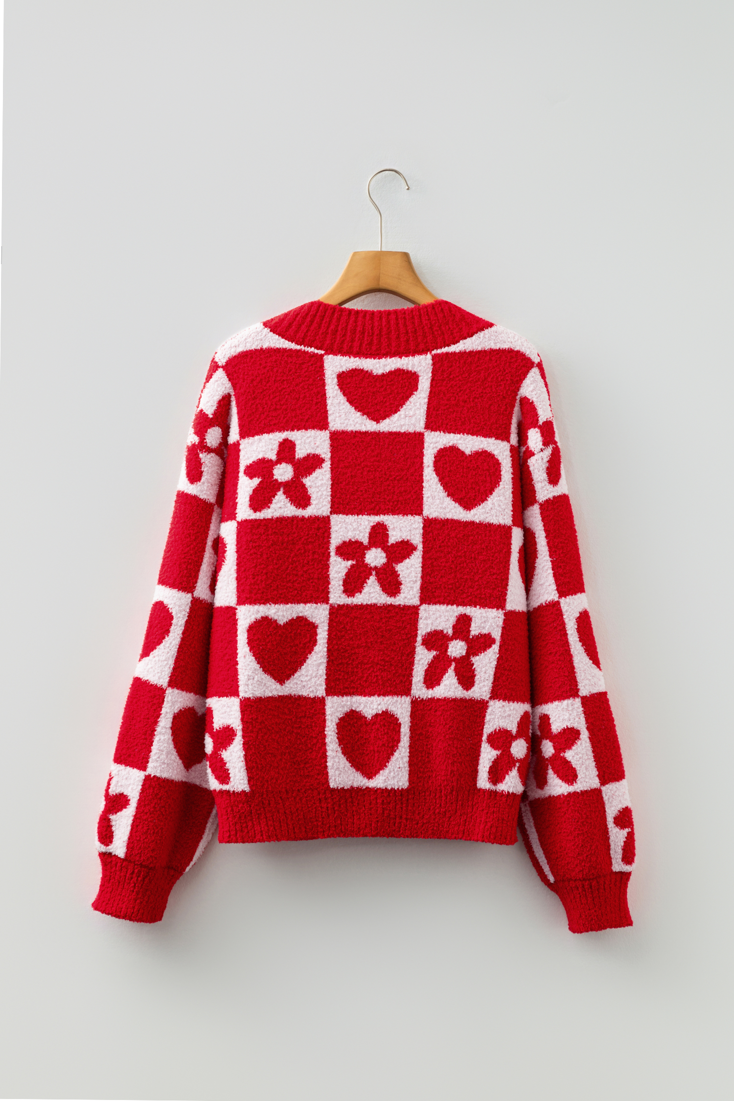 Fiery Red V Neck Flower Heart Detail Checkered Knit Loose Sweater - loveforevers