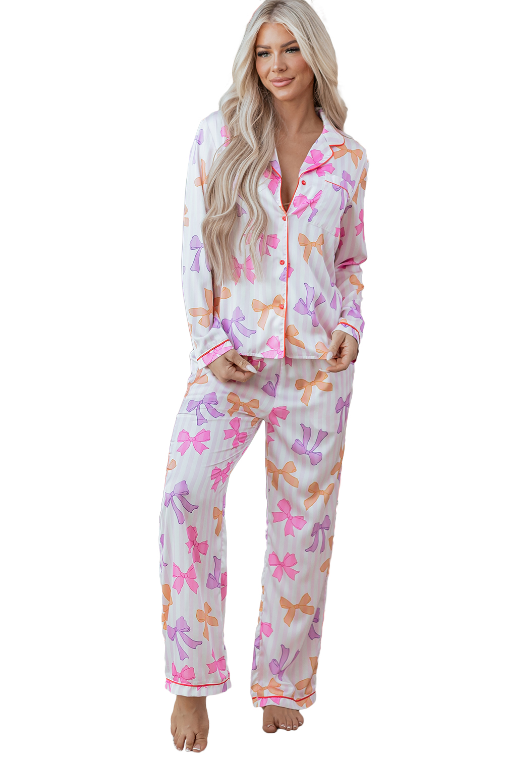 Pink Striped Bow Print Contrast Piping Trim Shirt and Pants 2pcs Pajama Set - loveforevers