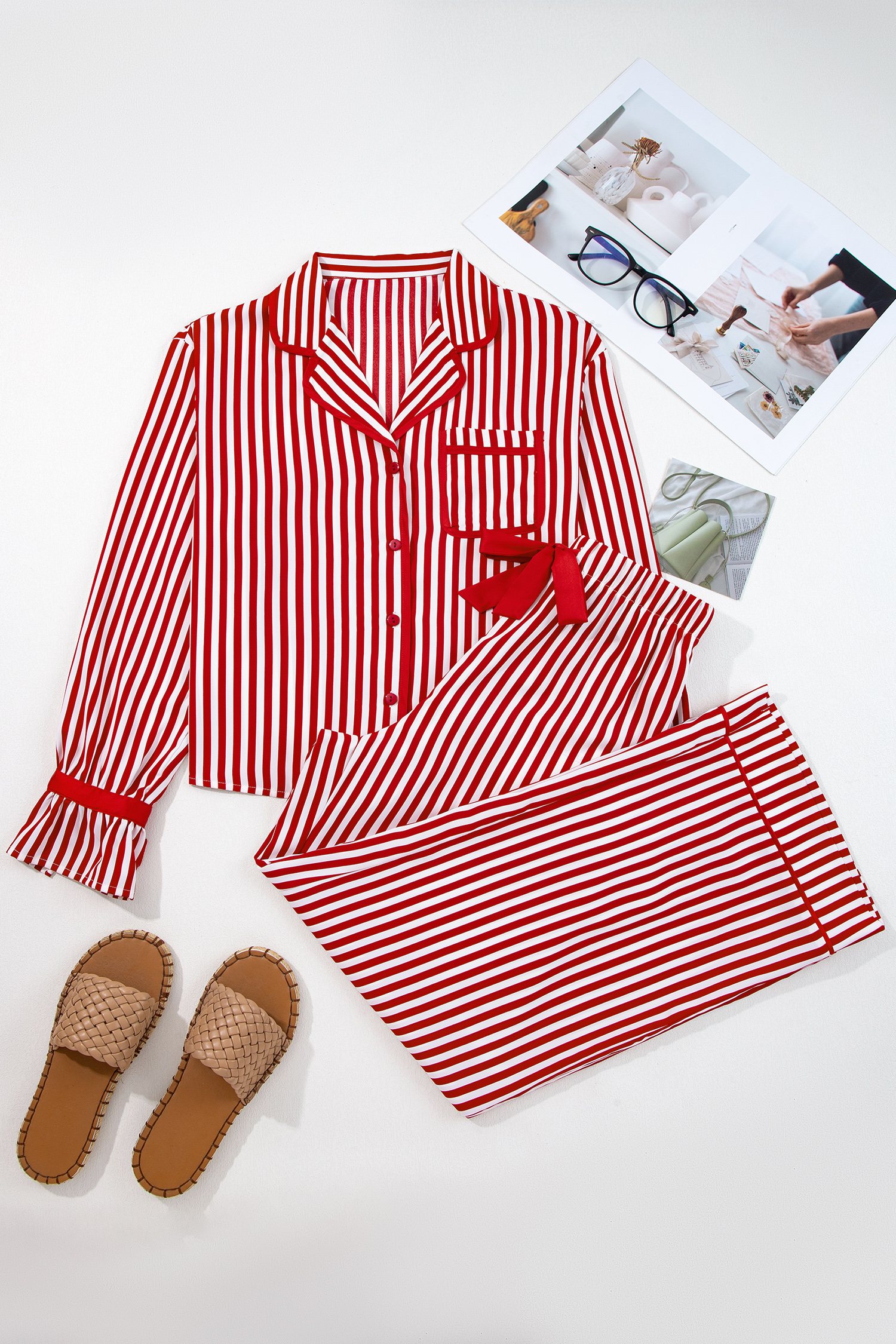 Red Stripe Contrast Velvet Trim Bow Knot Waist 2pcs Pajama Set - loveforevers