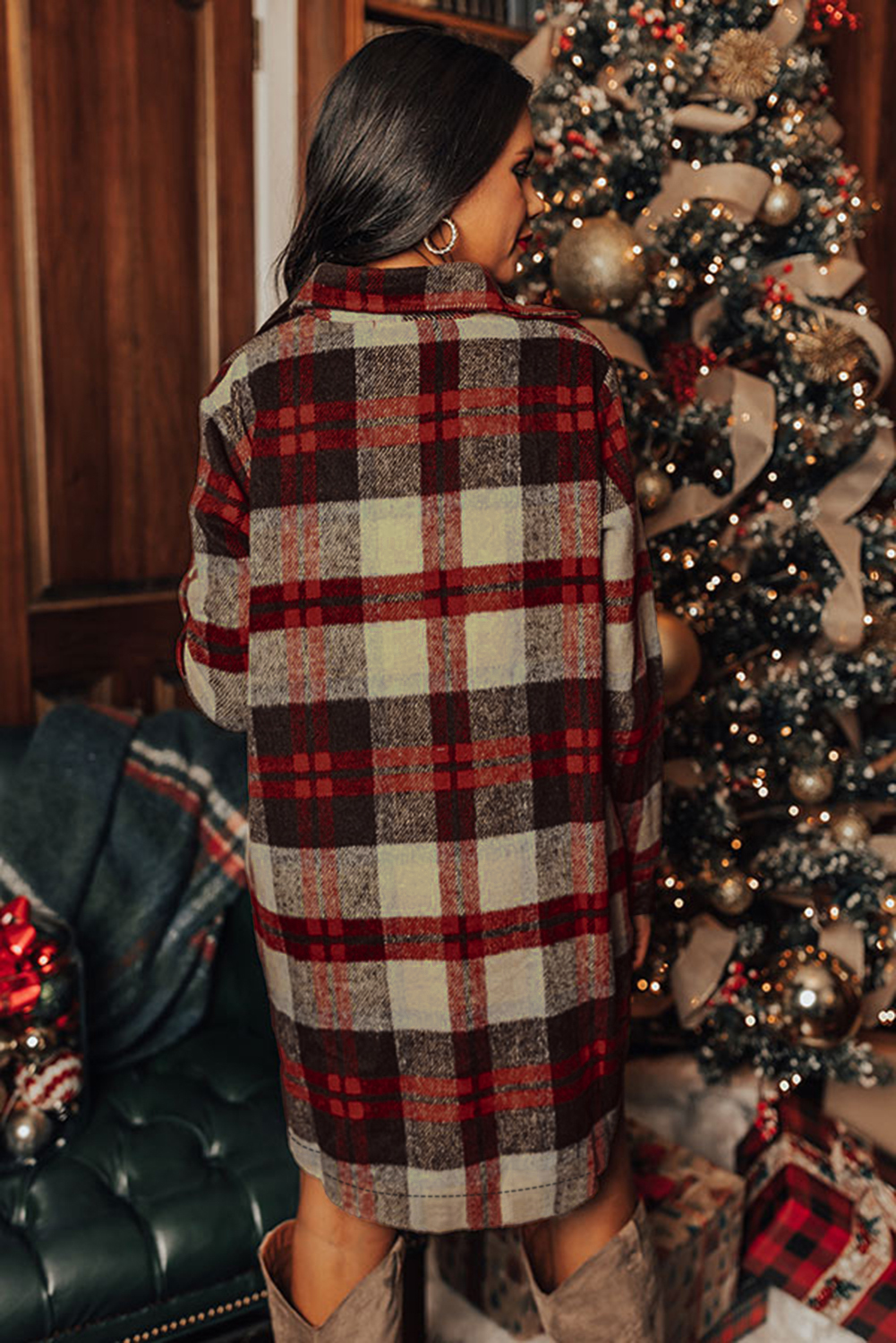 Red Brushed Plaid Buttoned Front Side Slit Tunic Shacket - loveforevers