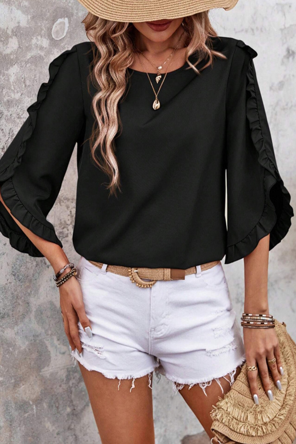 Black Ruffle Trimmed 3/4 Sleeve Round Neck Blouse - loveforevers