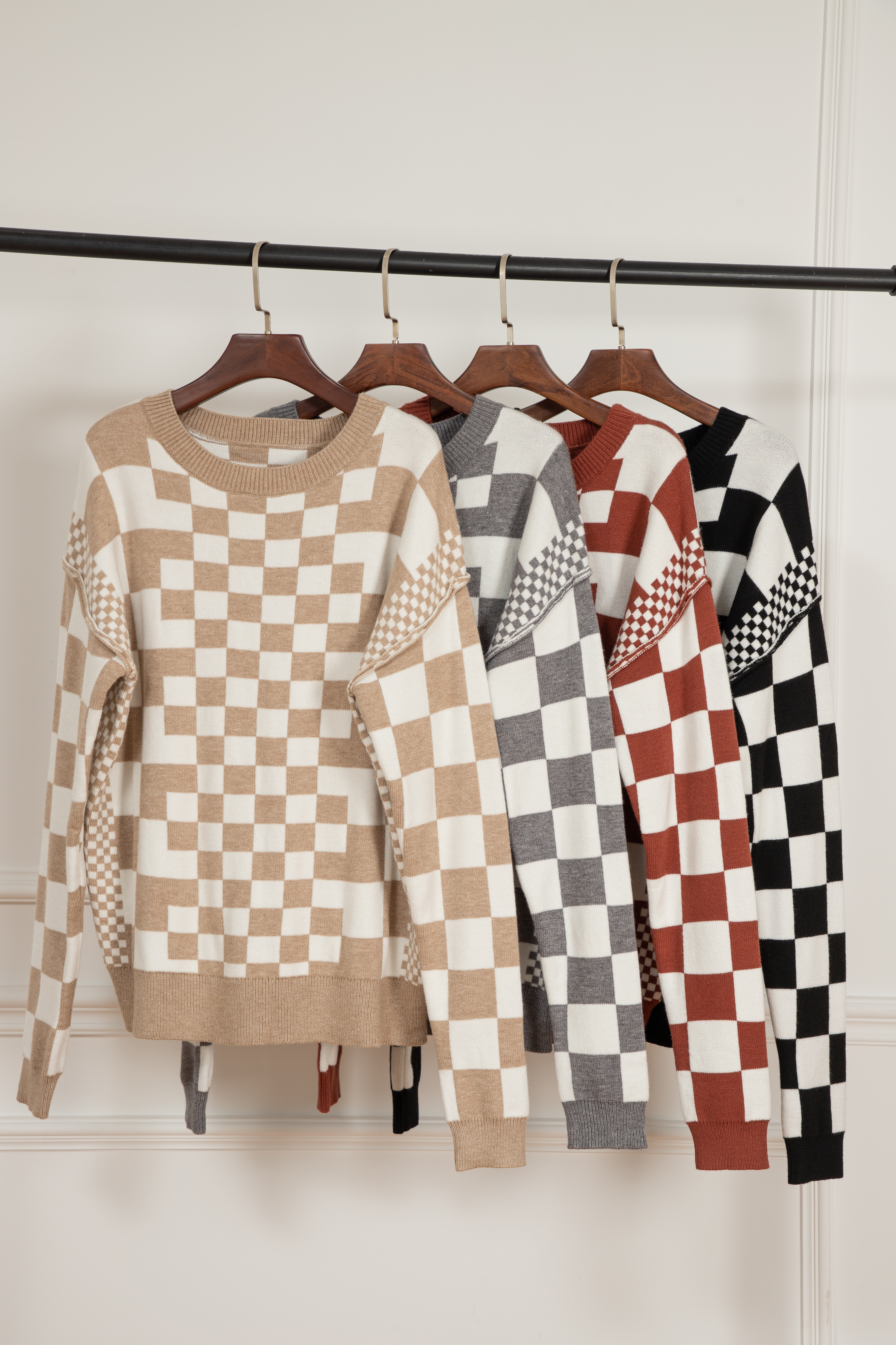 Khaki Checkered Print Drop Shoulder Round Neck Sweater - loveforevers