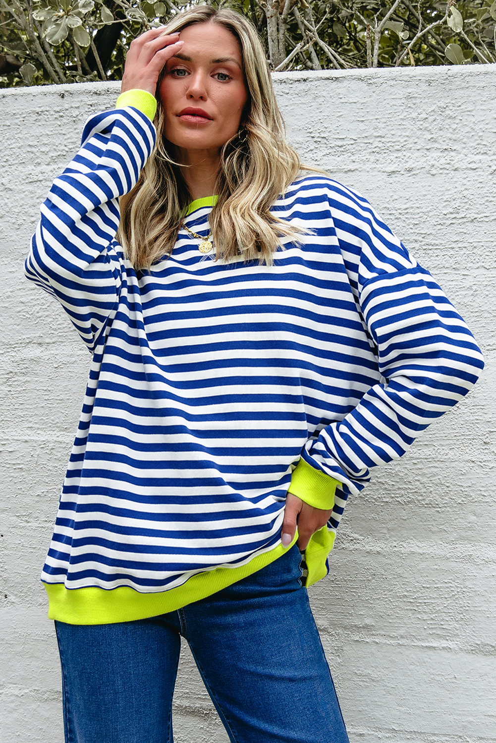 Red Stripe Contrast Ribbed Trim Crossed Stitch Drop Shoulder Sweatshirt - loveforevers