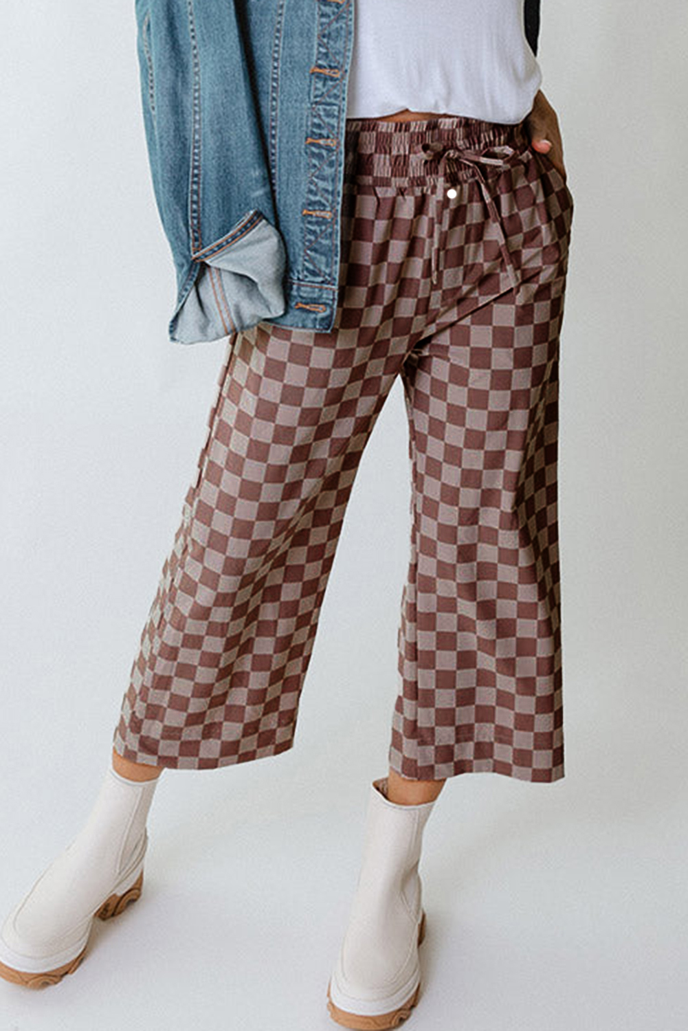 Khaki Checkered Elastic High Waist Loose Casual Pants - loveforevers