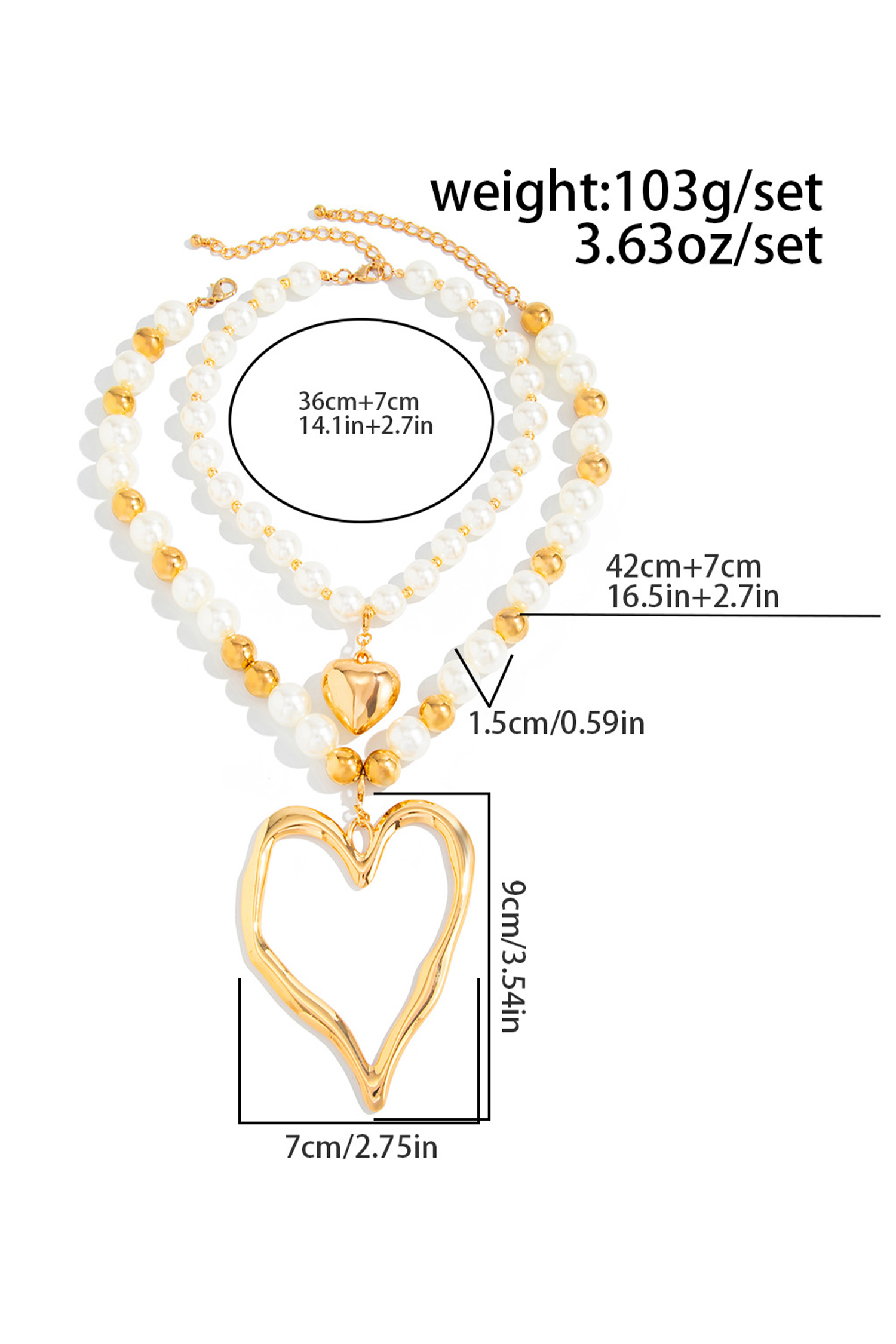 Gold Plated Heart Charm Daring Pearl Beaded 2pcs Necklace Set - loveforevers
