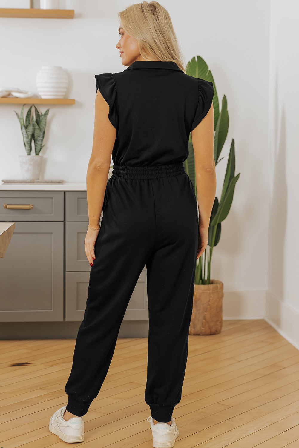 Black Zipper Flutter Sleeve Drawstring Elastic Waistband Jumpsuit - loveforevers