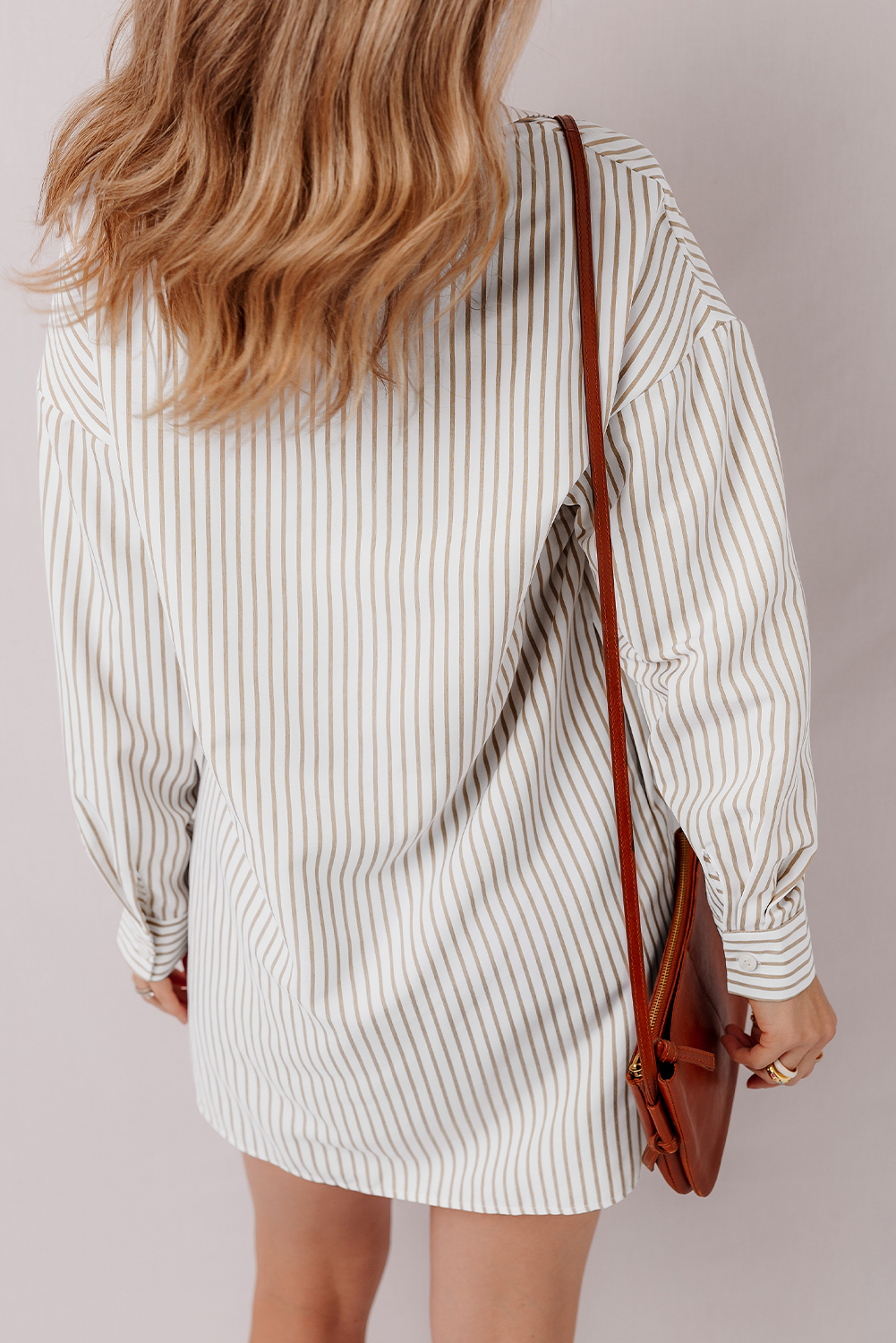 Khaki Stripe Long Sleeve Button Up Mini Shirt Dress - loveforevers