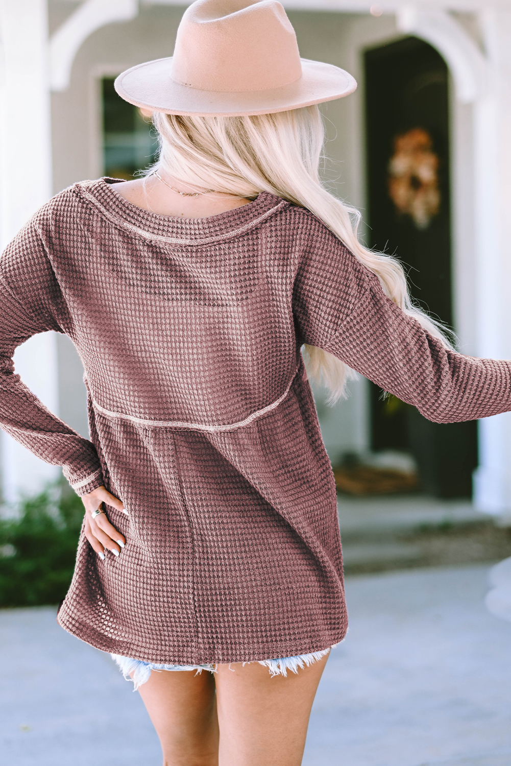 Pink Waffle Knit V Neck Long Sleeve Babydoll Top - loveforevers