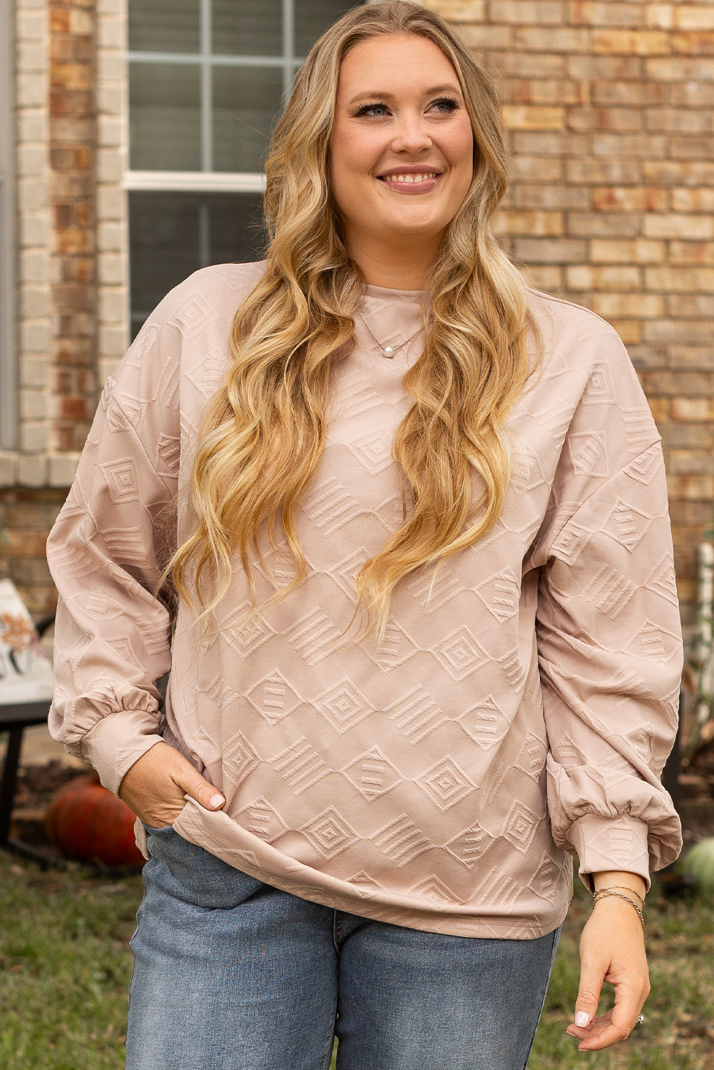 Parchment Plus Size Textured Drop Shoulder Crew Neck Sweatshirt - loveforevers
