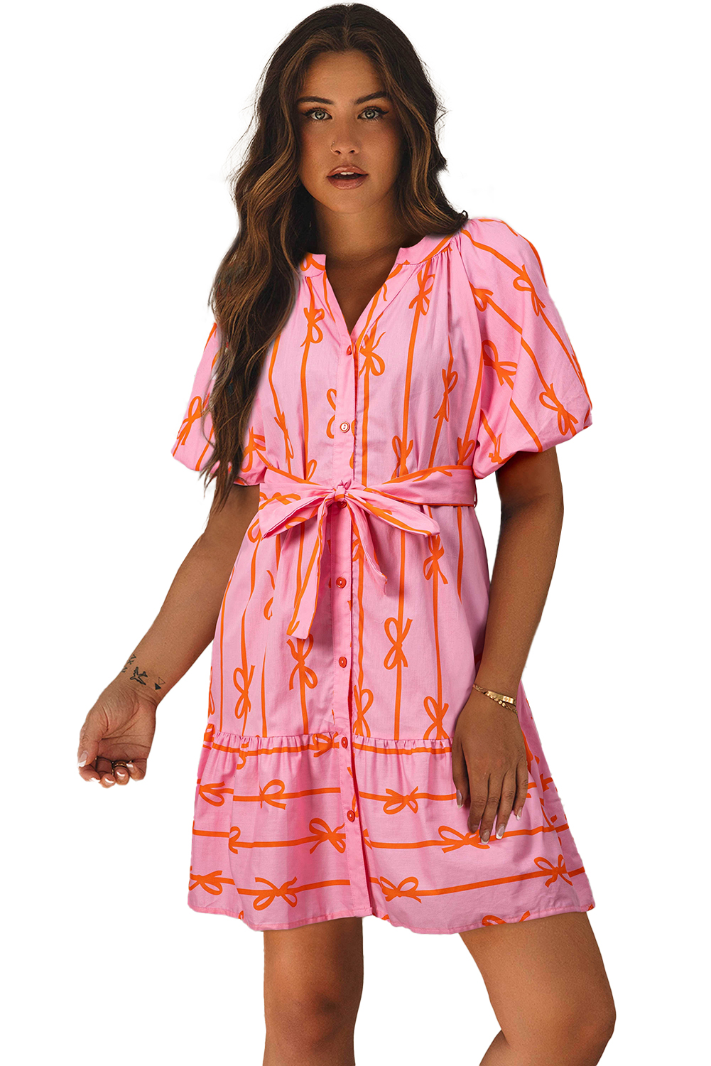 Pink Bowknot Striped Printed Bubble Sleeve Buttoned Belted Mini Dress - loveforevers