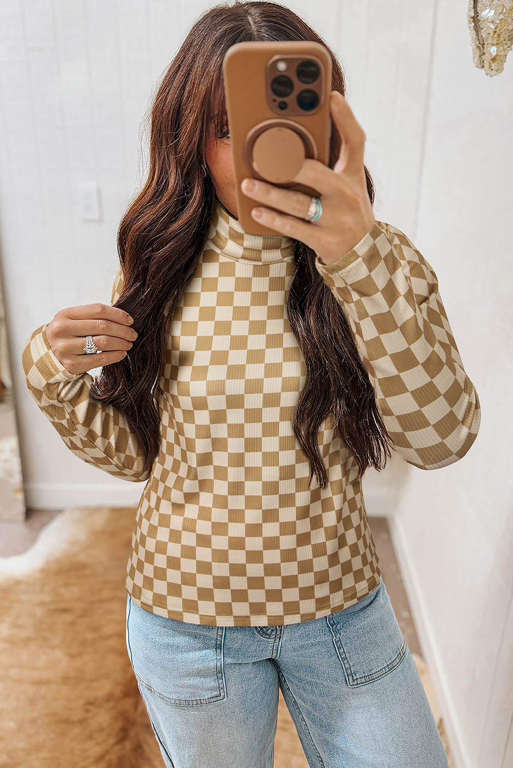 Khaki Check Pattern Turtleneck Ribbed Slim Long Sleeve Tee - loveforevers