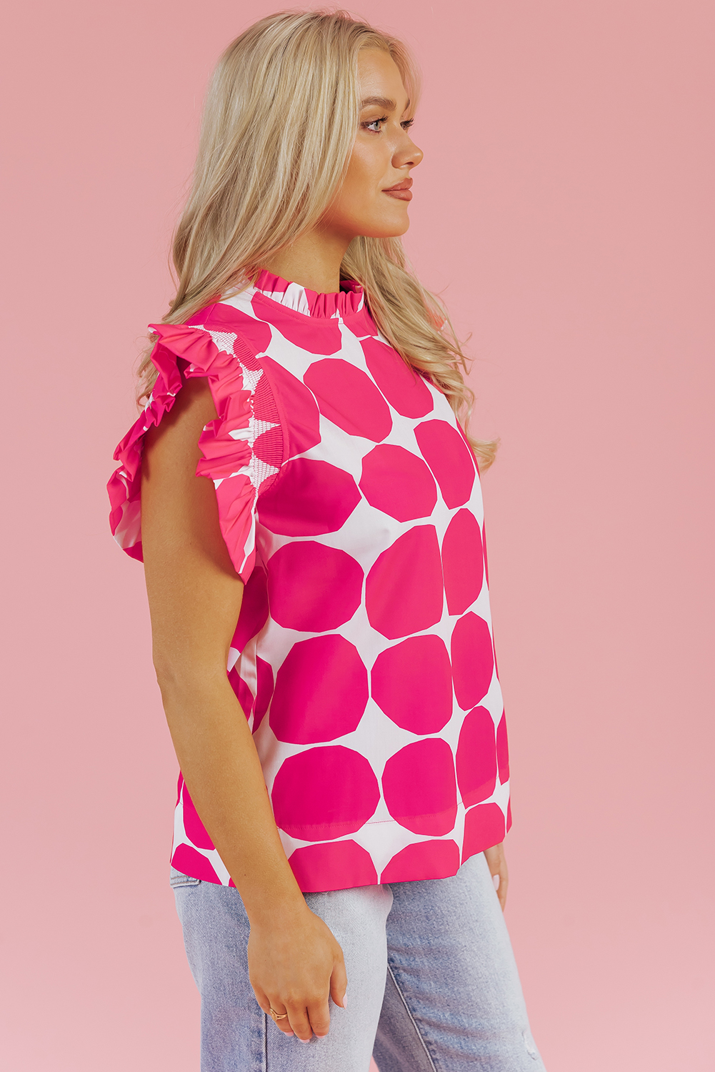 Rose Bubblegum Pattern Frilled Collar Flutter Sleeve Top - loveforevers