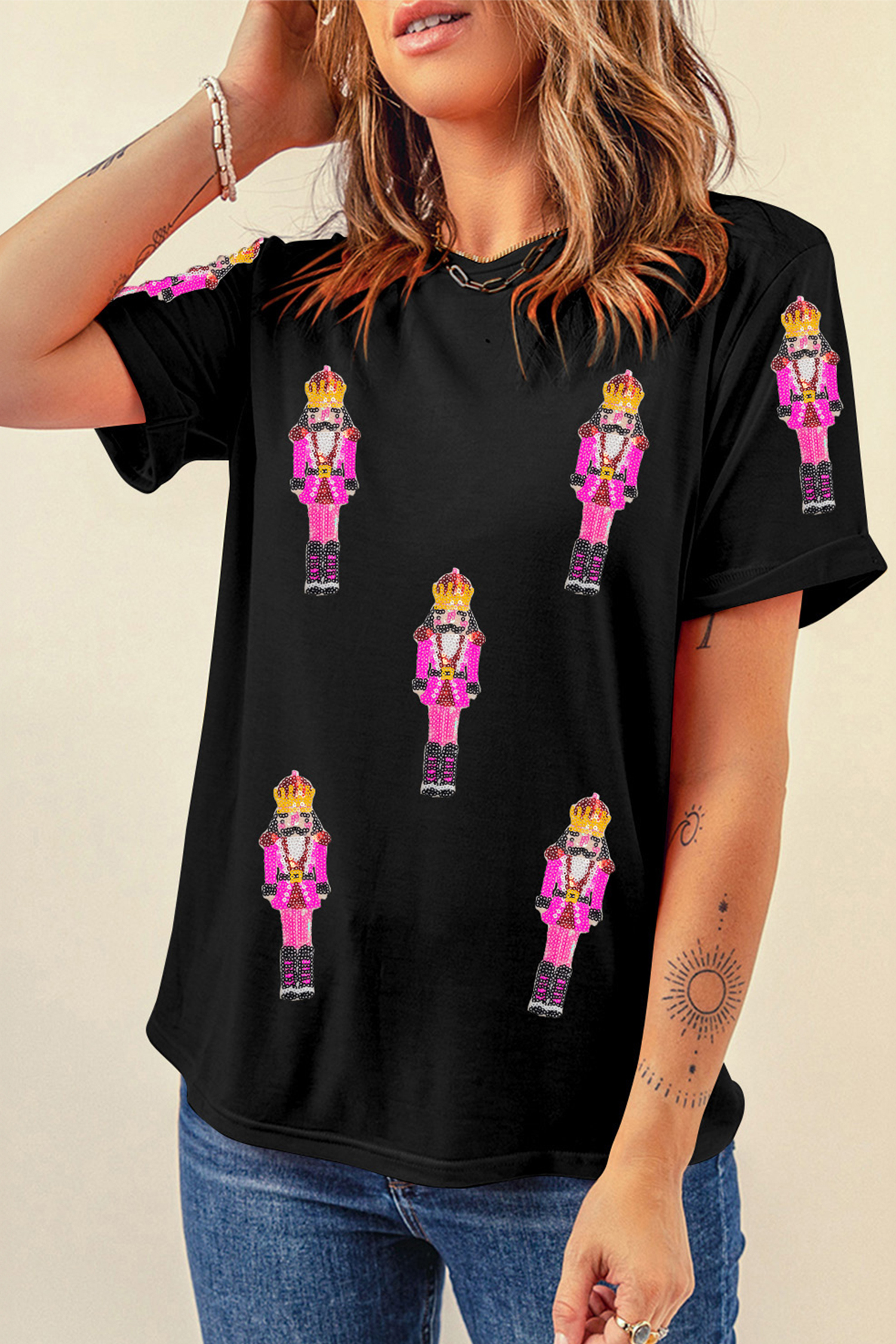Black Sequin Patched Christmas Nutcracker Casual T Shirt - loveforevers