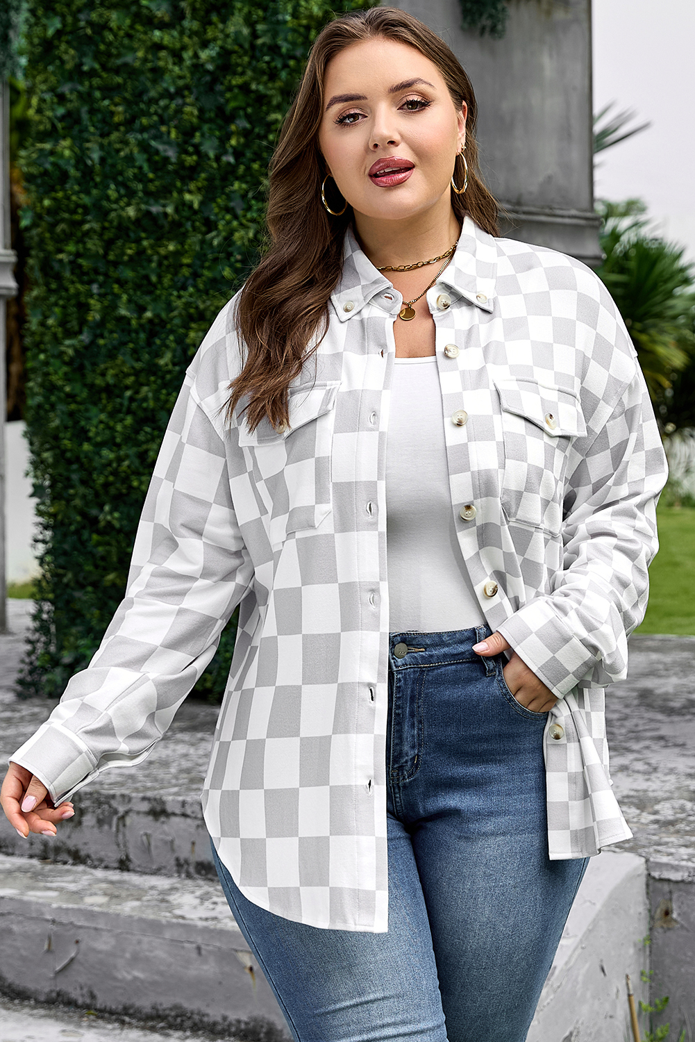 Khaki Checkerboard Flap Pocket Button Front Shacket - loveforevers