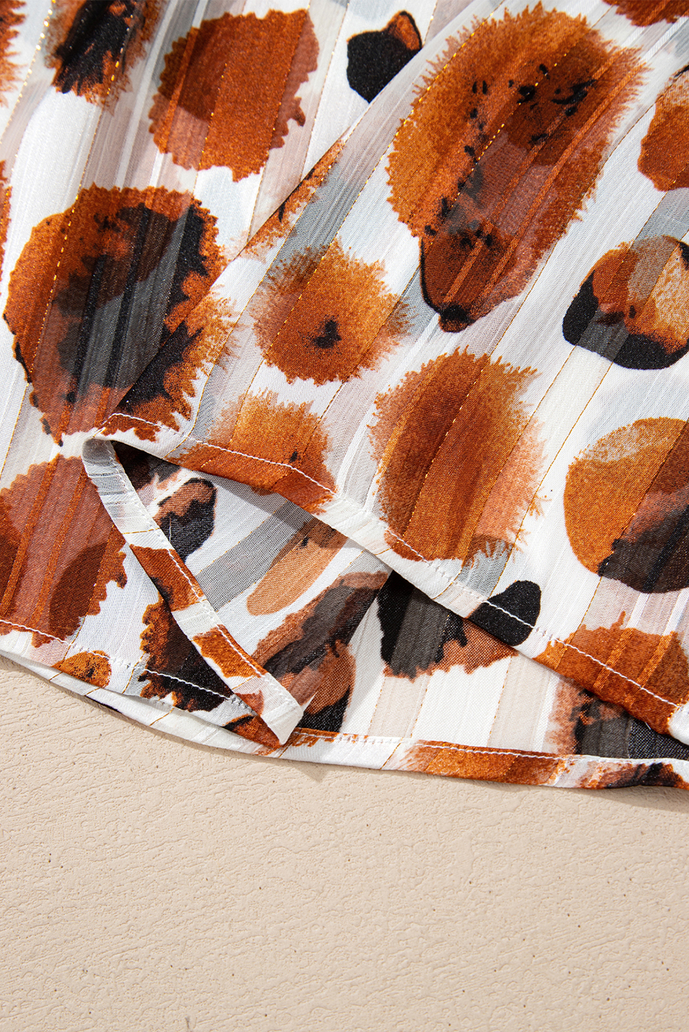 Brown Metallic Threading Accents Pleated Abstract Printed Ruffled 3/4 Sleeve Blouse - loveforevers