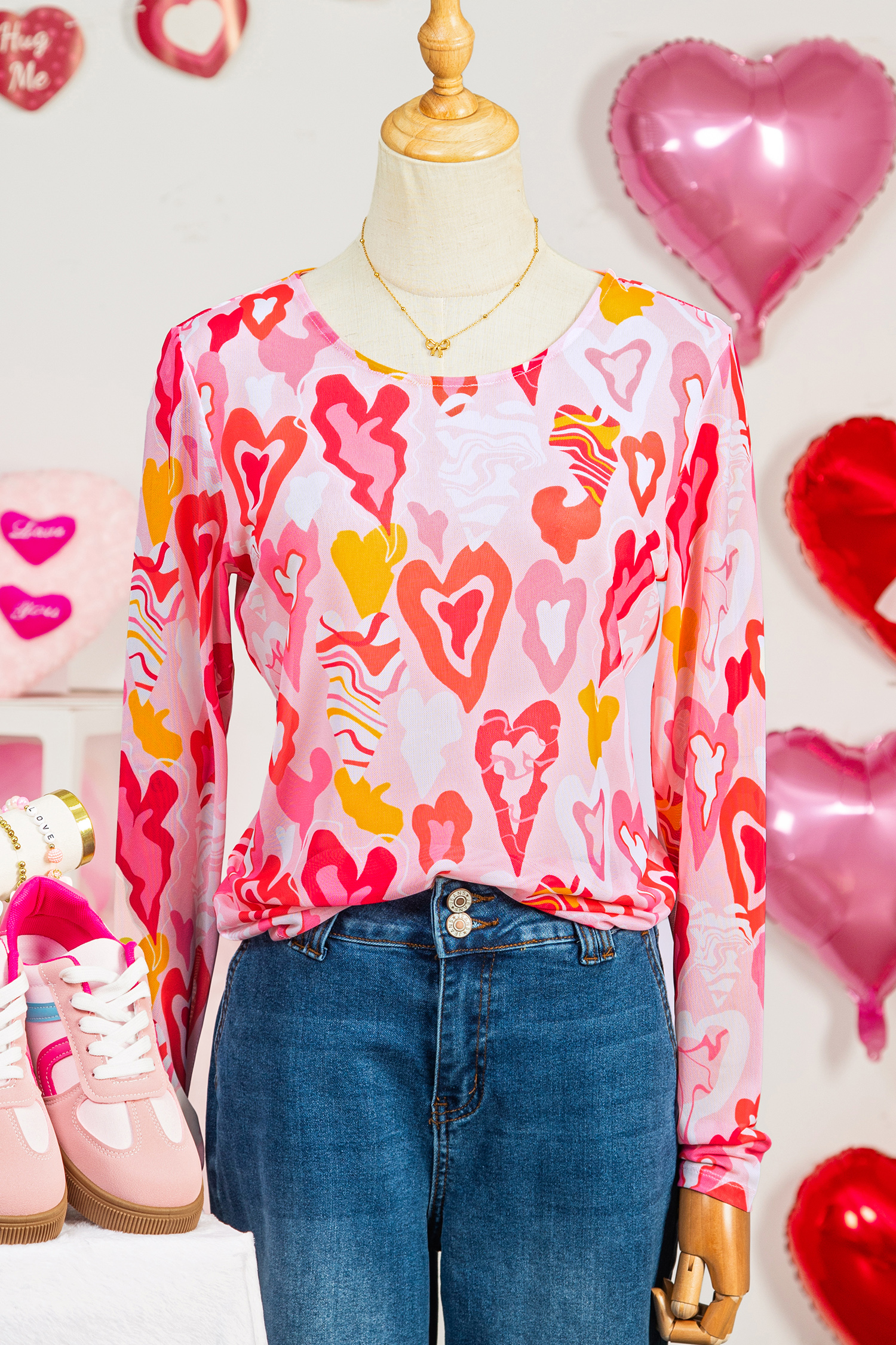 Rose Valentine Heart Mesh Long Sleeve Top - loveforevers