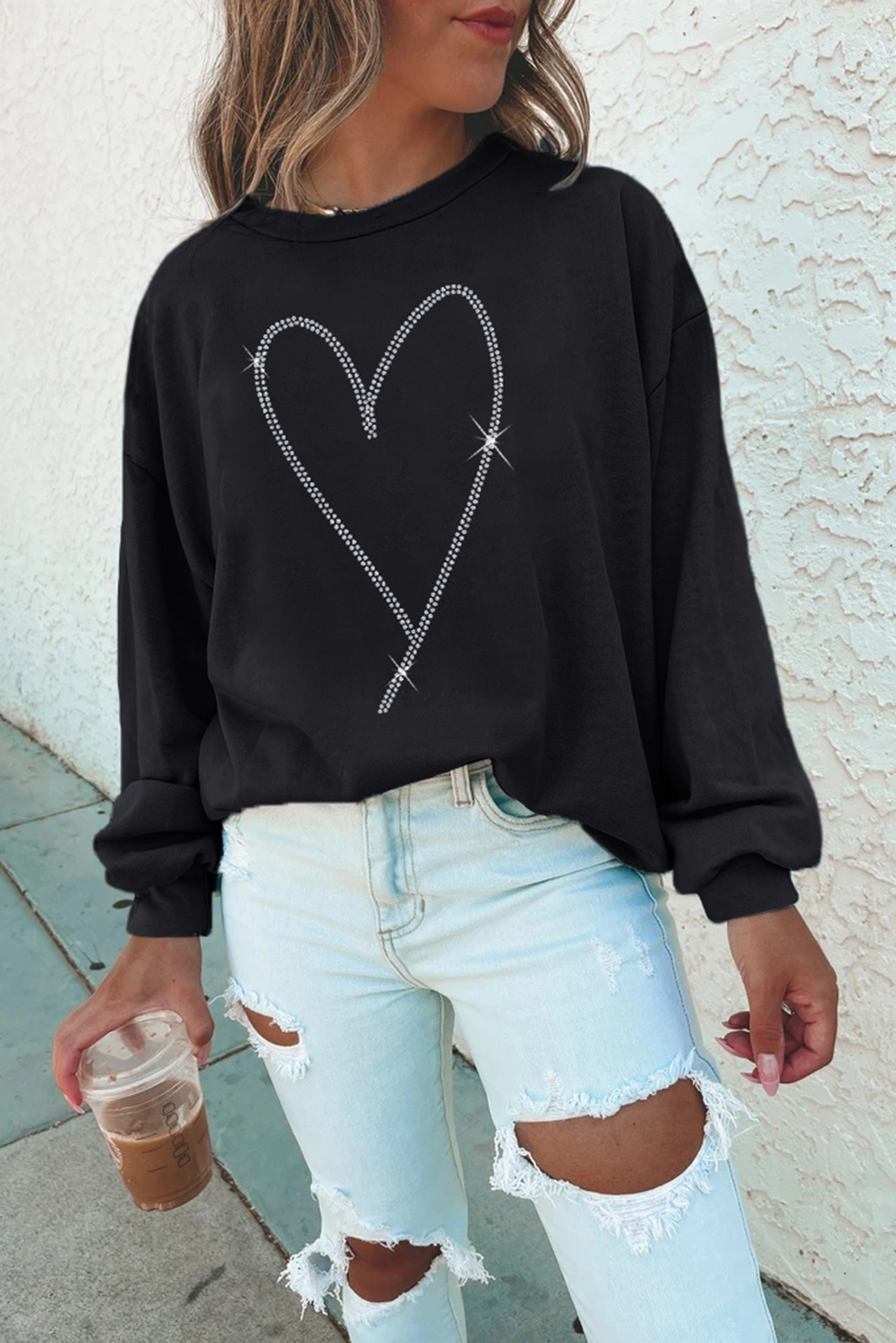 Black Rhinestone Heart Pattern Valentines Fashion Sweatshirt - loveforevers