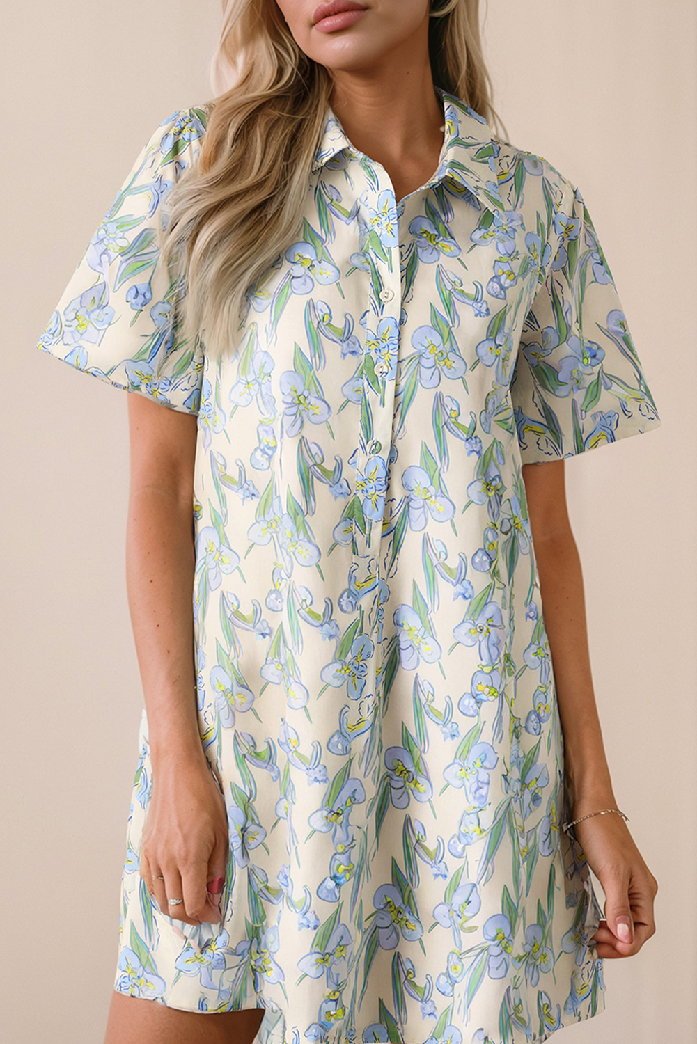 Green Floral Print Shirtcollar Buttoned Short Sleeve Shift Dress - loveforevers