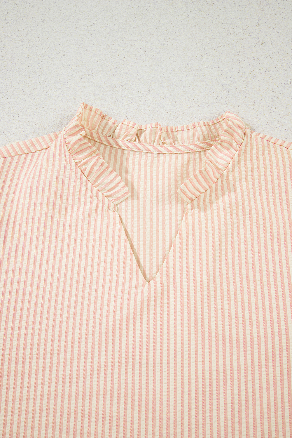 Pink Stripe Bow Knot Cuff Pearl Embellished Puff Sleeve V Neck Blouse - loveforevers