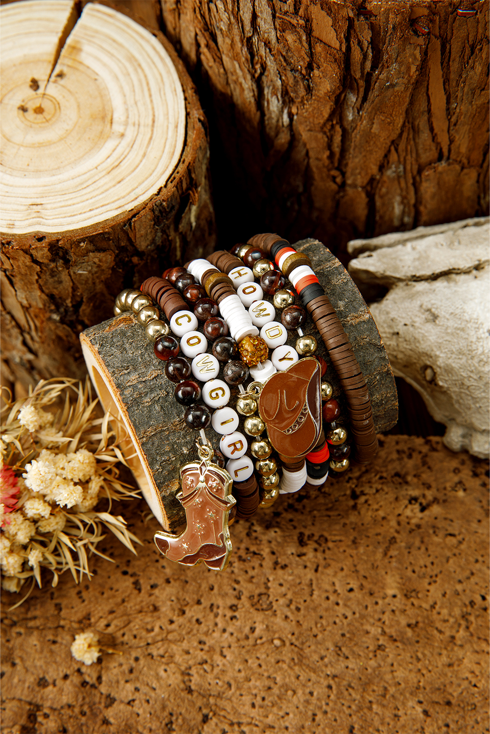 Coffee HOWDY COWGIRL Western Beaded 7pcs Stretch Bracelet Set - loveforevers