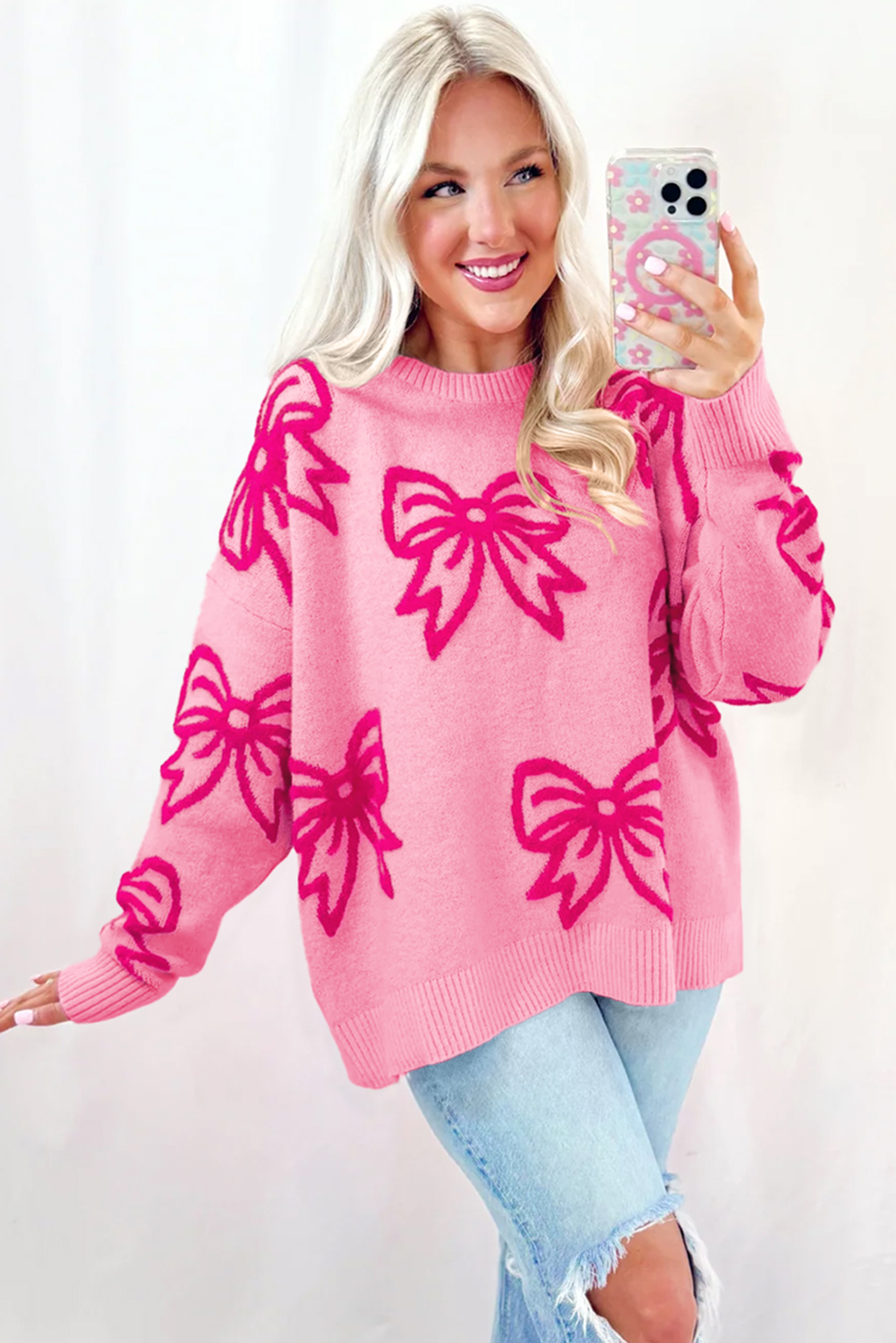 Golden Fleece Bow Pattern Drop Shoulder Loose Sweater - loveforevers