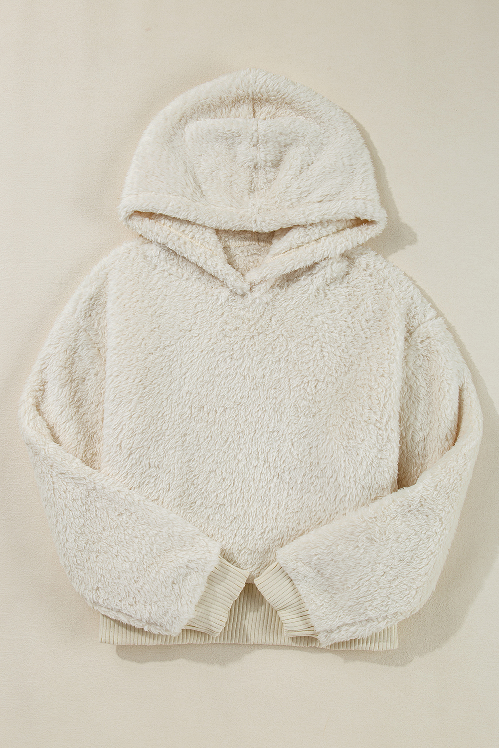 White Contrast Ribbed Edge Plush Hoodie - loveforevers