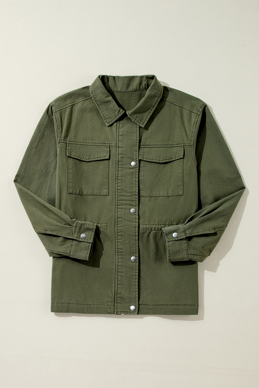 Moss Green Snap Button Zipper Tight Waist Collared Jacket - loveforevers