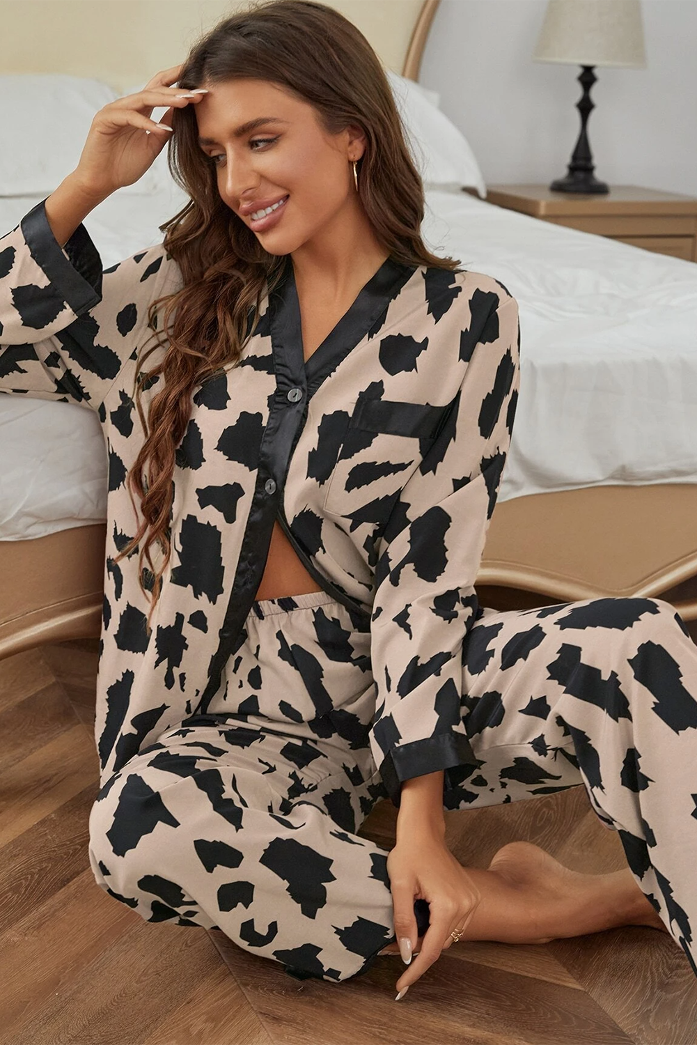Khaki Cheetah Contrast Trim Loose Fit Two Piece Sleepwear - loveforevers