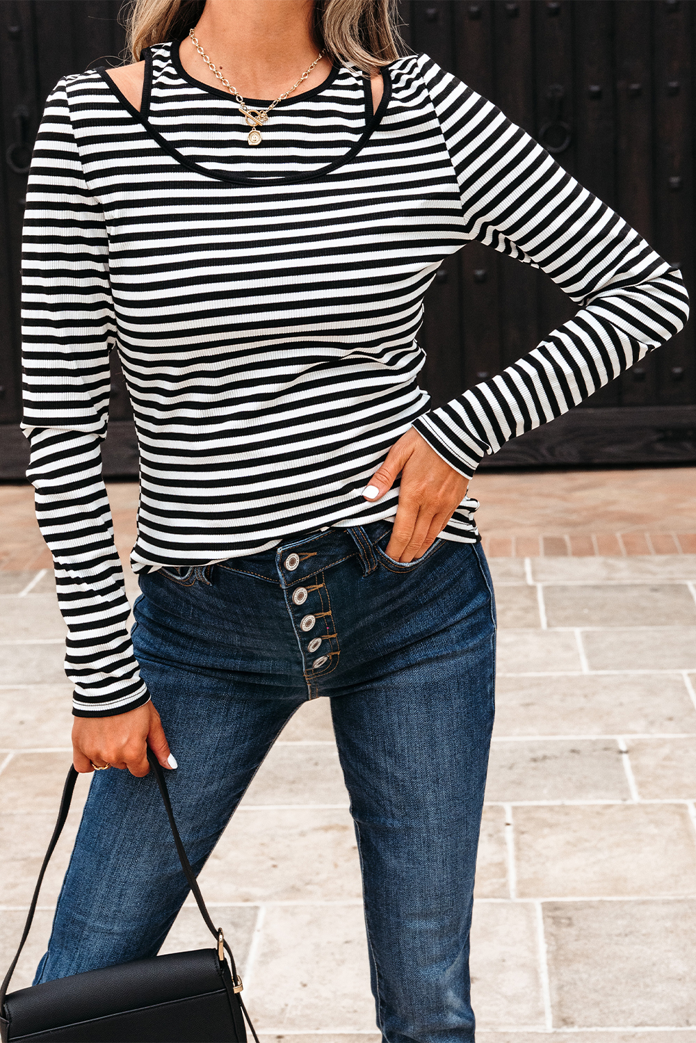 Black Stripe Double-layer Cold Shoulder Long Sleeve Top - loveforevers
