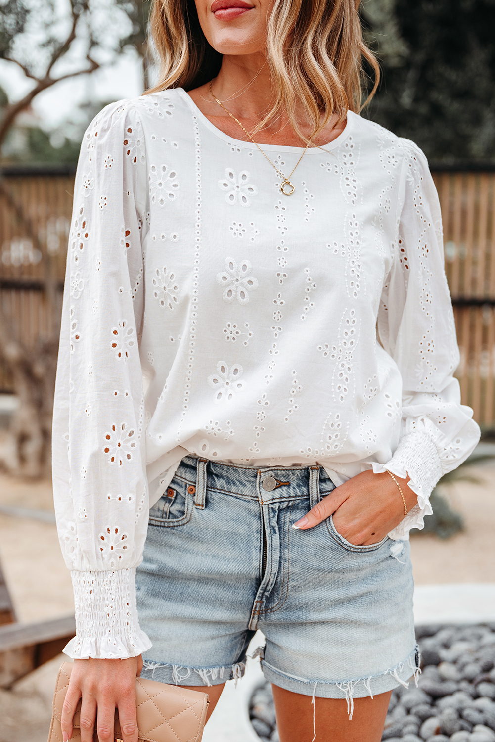 White Eyelet Embroidered Smocked Cuff Sheer Blouse - loveforevers