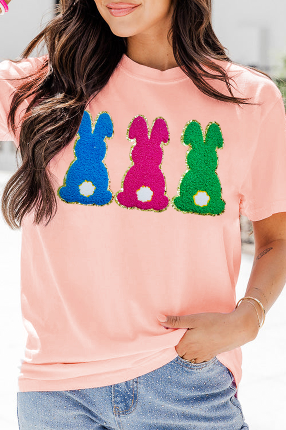 Pink Easter Bunny Chenille Patched Graphic Tee - loveforevers