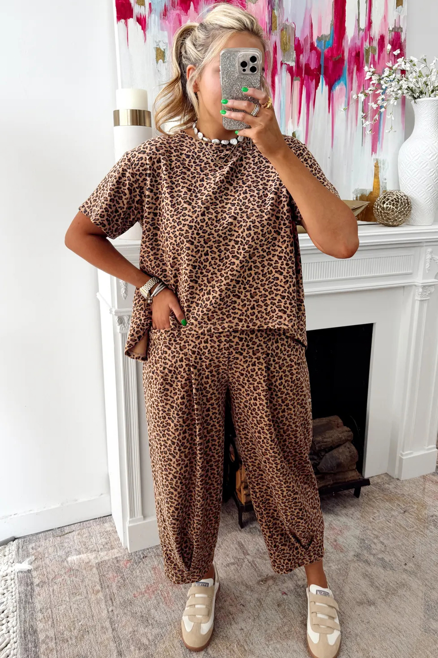 Brown Leopard Loose Tee Drawstring Waist Barrel Pants Set - loveforevers
