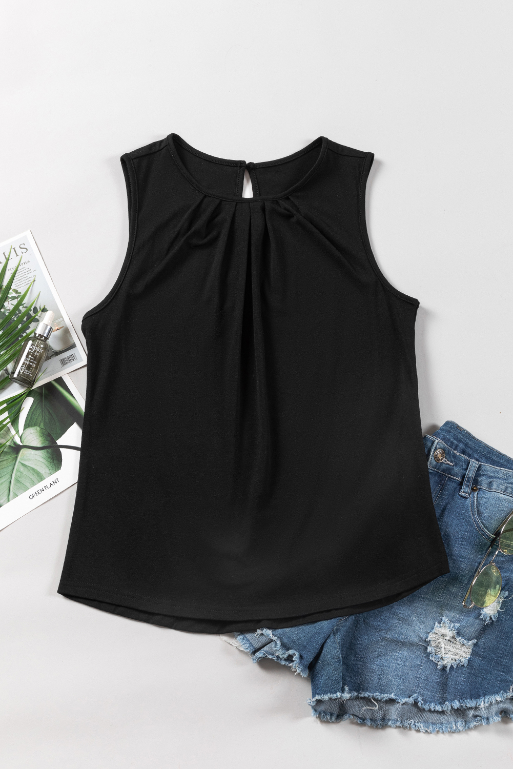 Gray Pleated Round Neck Sleeveless Top - loveforevers