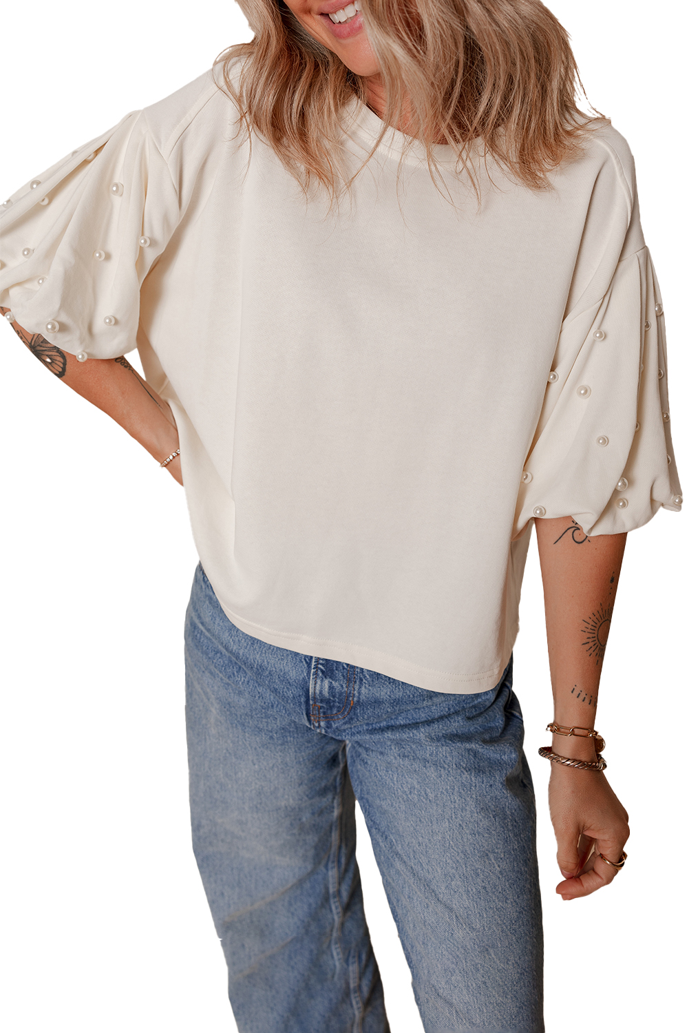 White Pearled Puff Sleeve Round Neck Loose Top - loveforevers