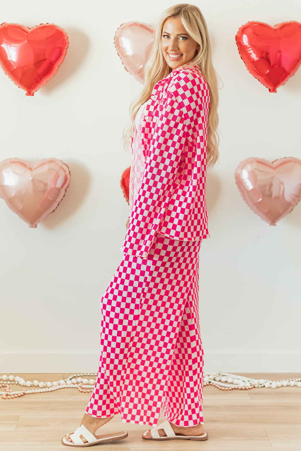 Pink Checkered Buttoned Shirt and High Waist Pants Pajama Set - loveforevers