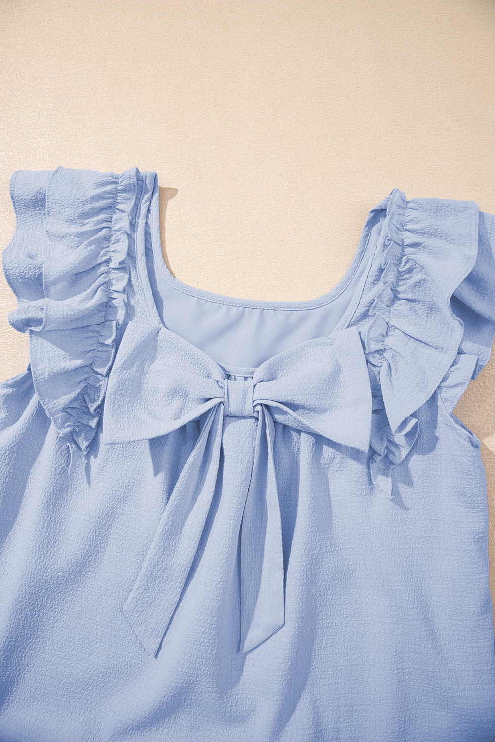 Beau Blue Textured Bow Knot Frilled Butterfly Sleeve Blouse - loveforevers