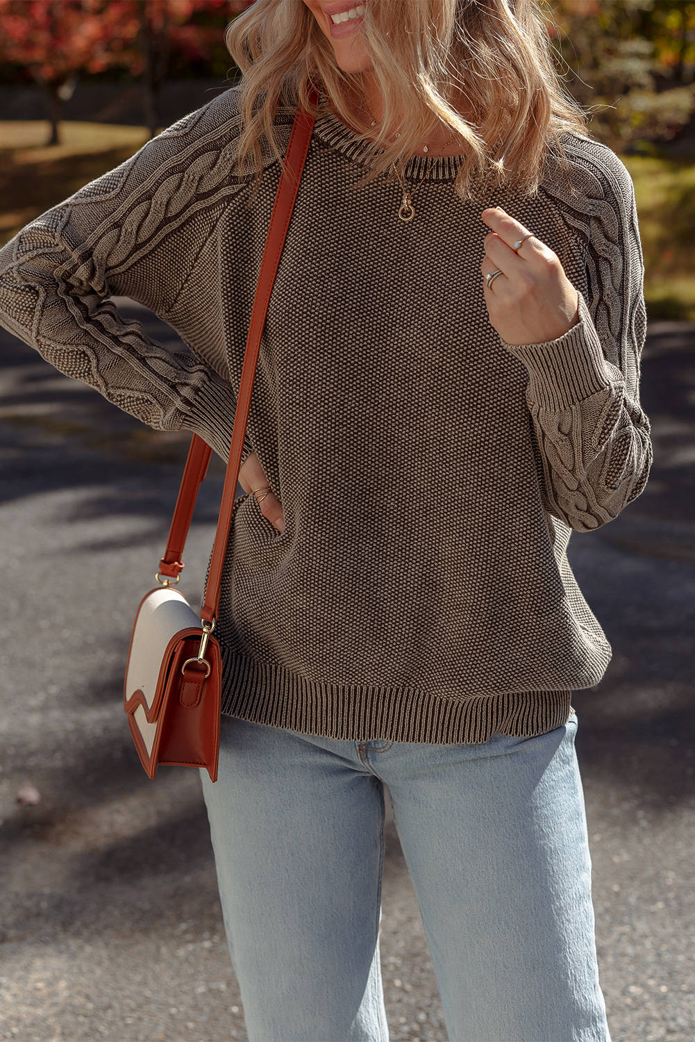 Dark Brown Contrast Cable Knit Sleeve Casual Sweater - loveforevers