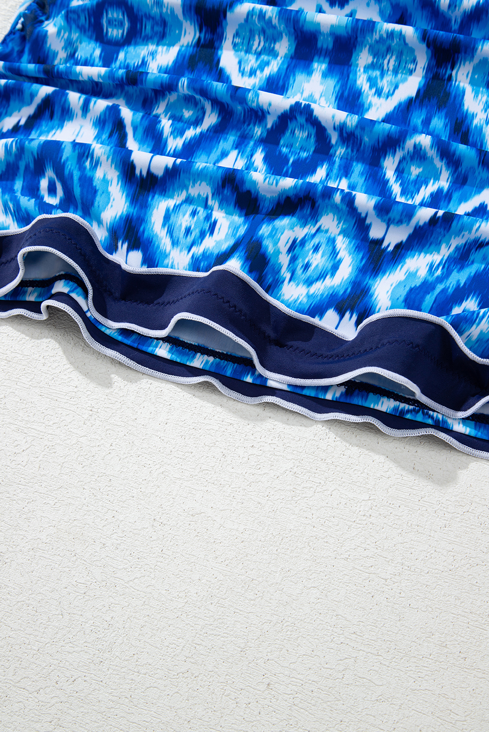 Navy Blue Abstract Print Frilled Trim Spaghetti Straps Tankini Set - loveforevers