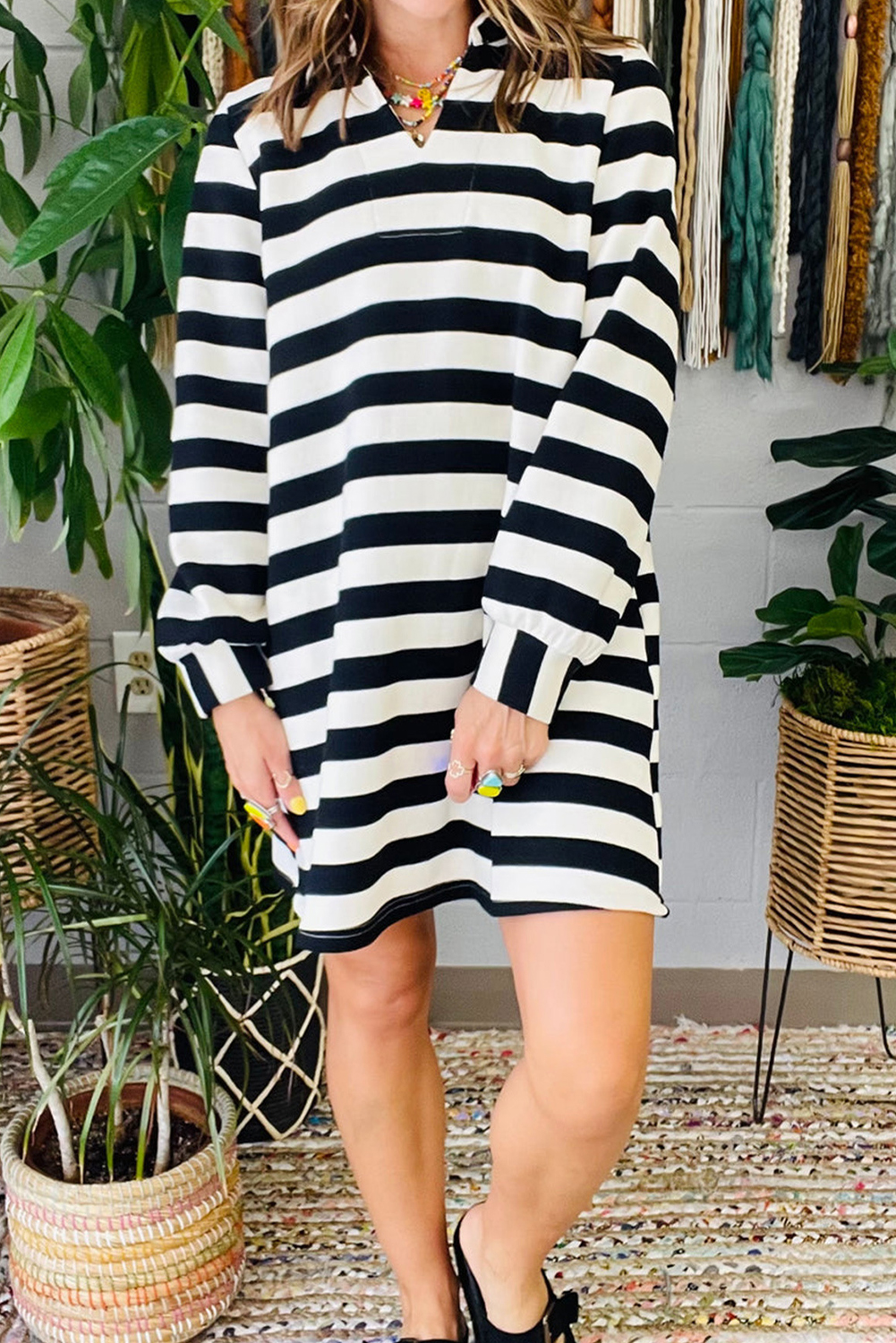Black Stripe Polo Neck Shift Fit Sweatshirt Dress with Side Pockets - loveforevers