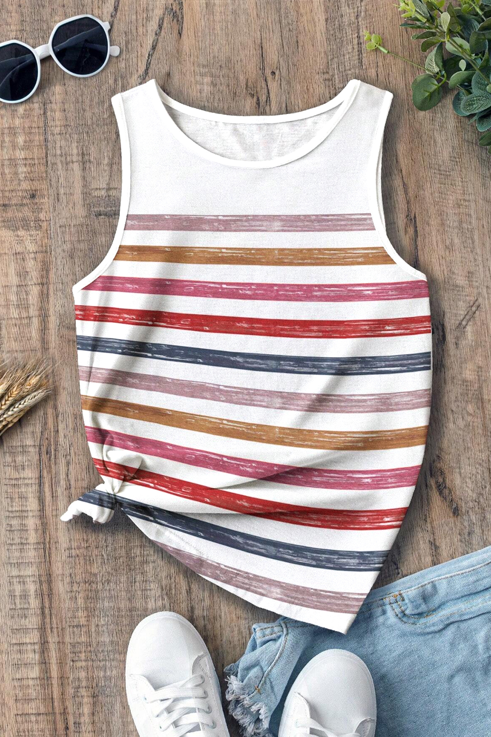 Red Stripe Rainbow Round Neck Tank Top - loveforevers