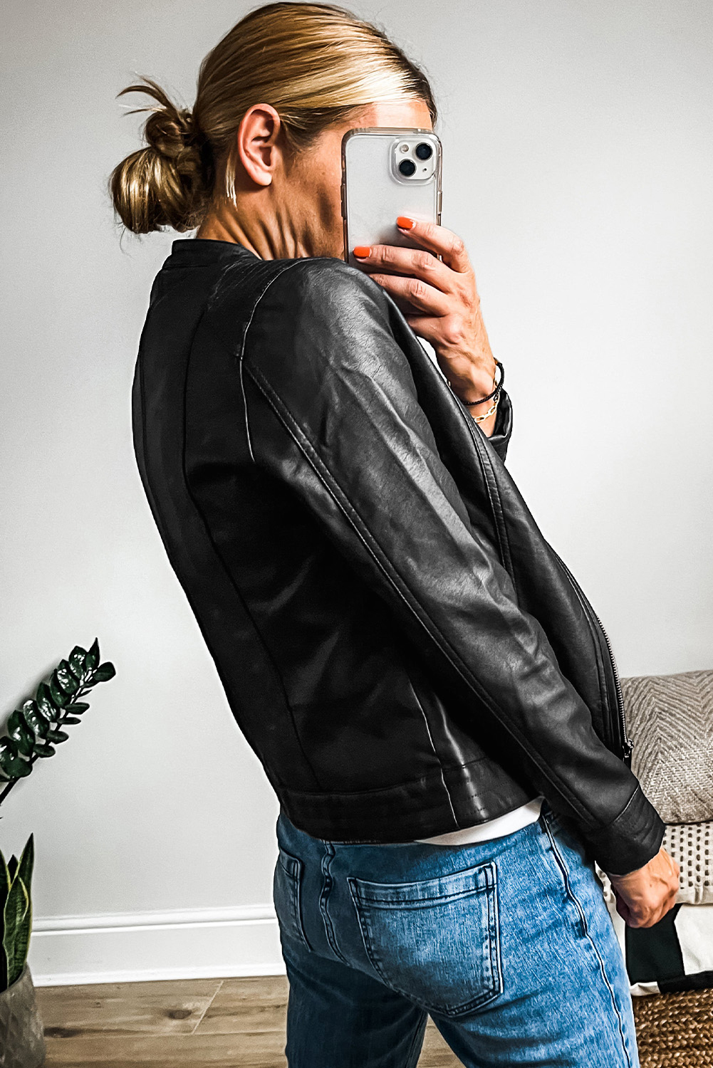 Chestnut Solid Faux Leather Zipper Slim Fit Bomber Jacket - loveforevers