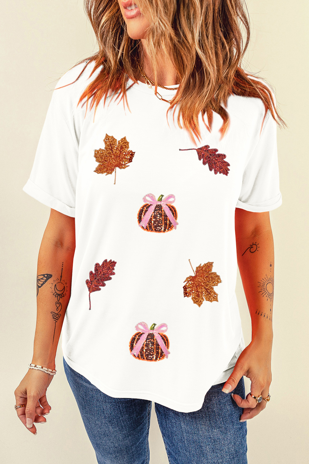 White Sequined Pumpkin Leaves Fall Vibe Graphic T Shirt - loveforevers