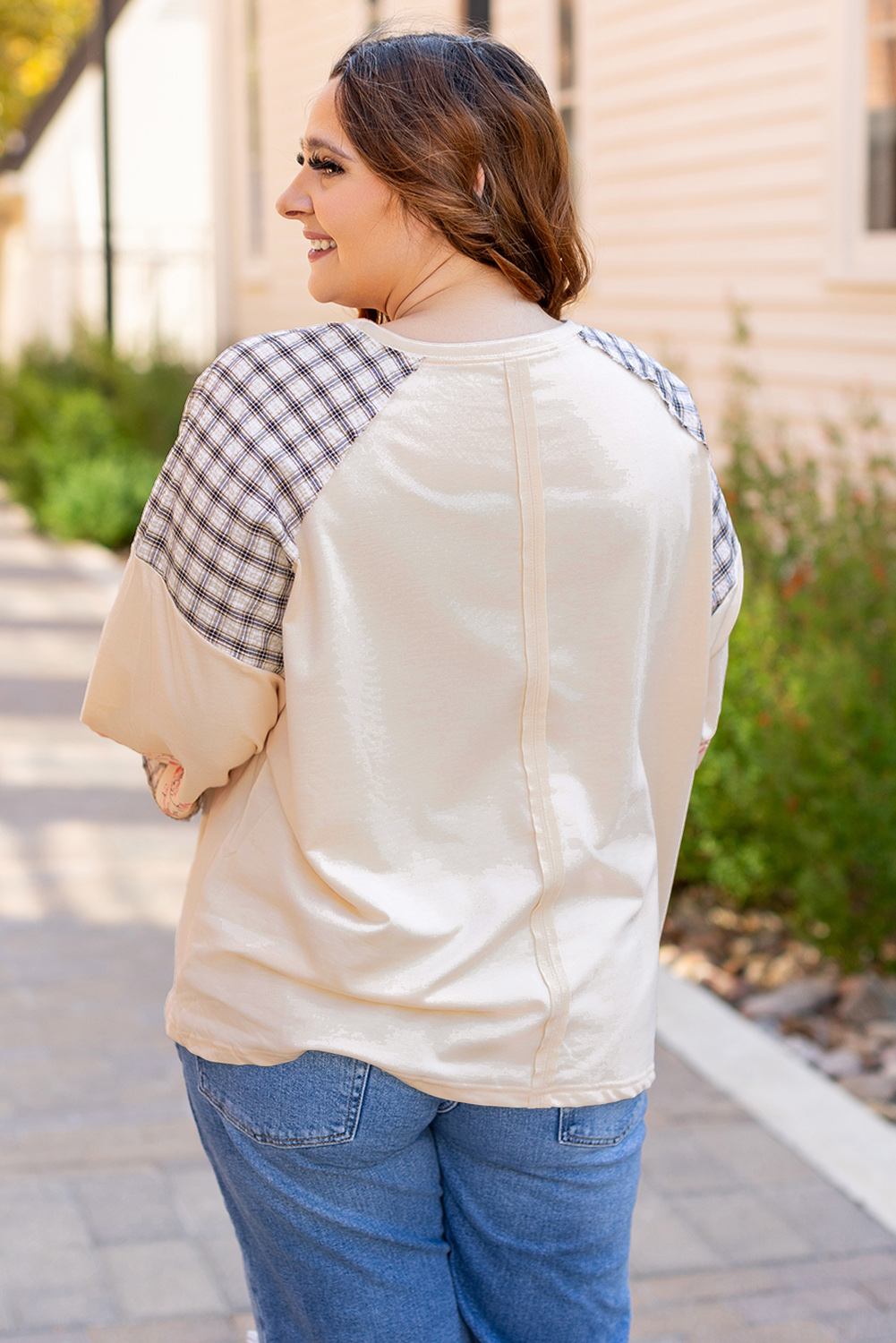 Beige Flower Patch Graphic Exposed Seam Wide Sleeve Top - loveforevers
