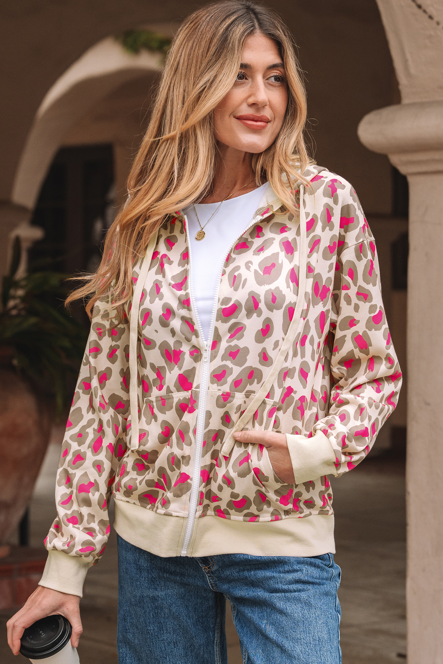 Rose Leopard Print Zip-up Hooded Sweatshirt - loveforevers