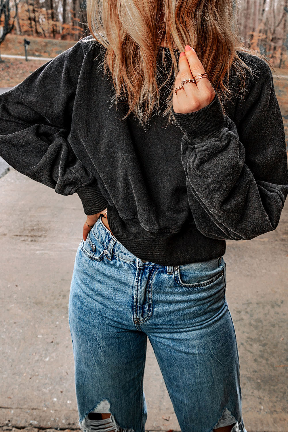 Black Acid Wash V-shape Open Back Sweatshirt - loveforevers