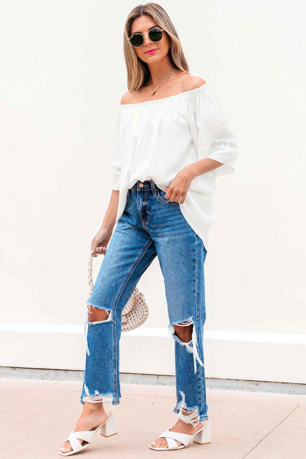 White Frilly Off Shoulder Lace Insert Sleeve Textured Blouse - loveforevers