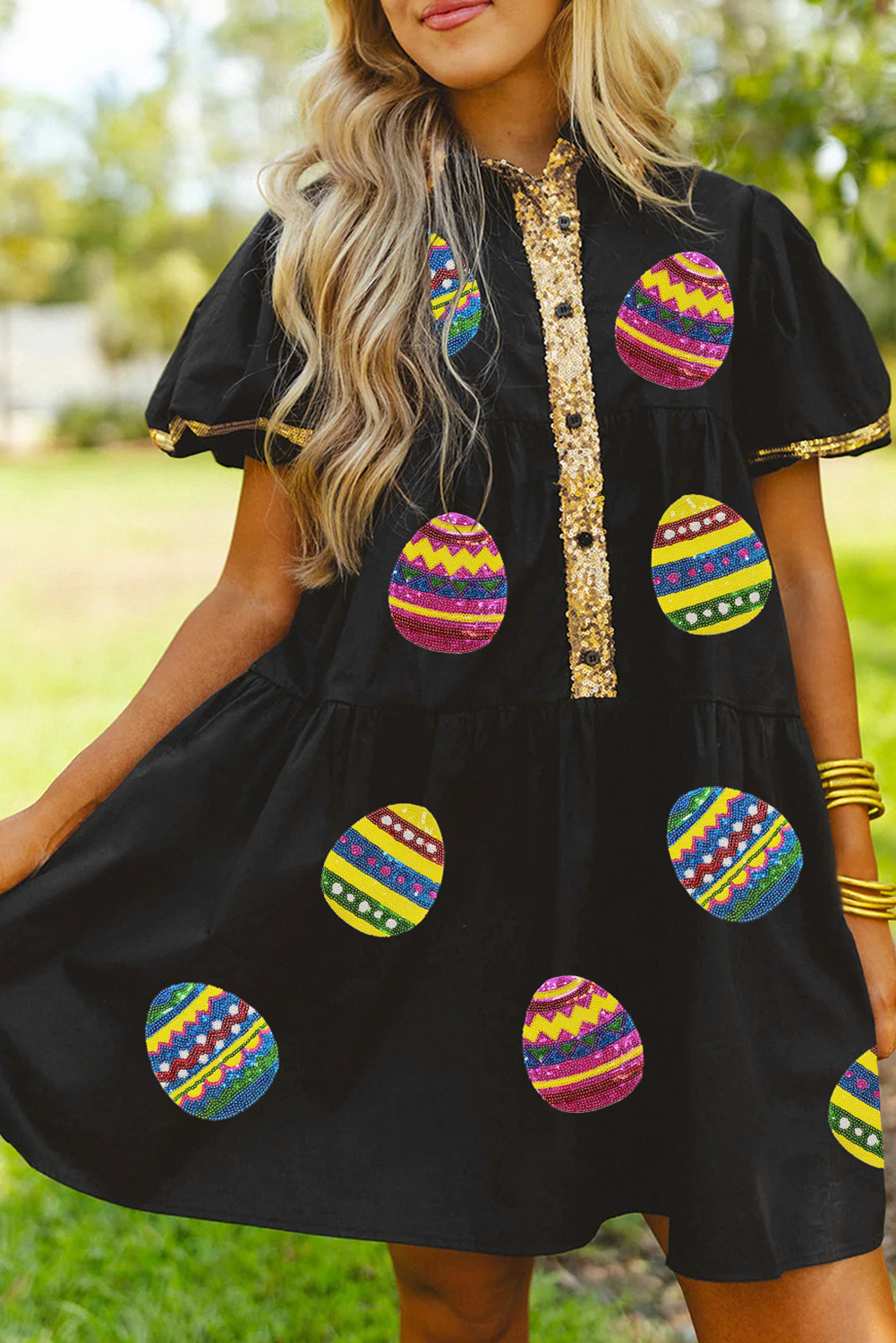 Black Sequin Trim Bubble Sleeve Game Day Shirt Dress - loveforevers